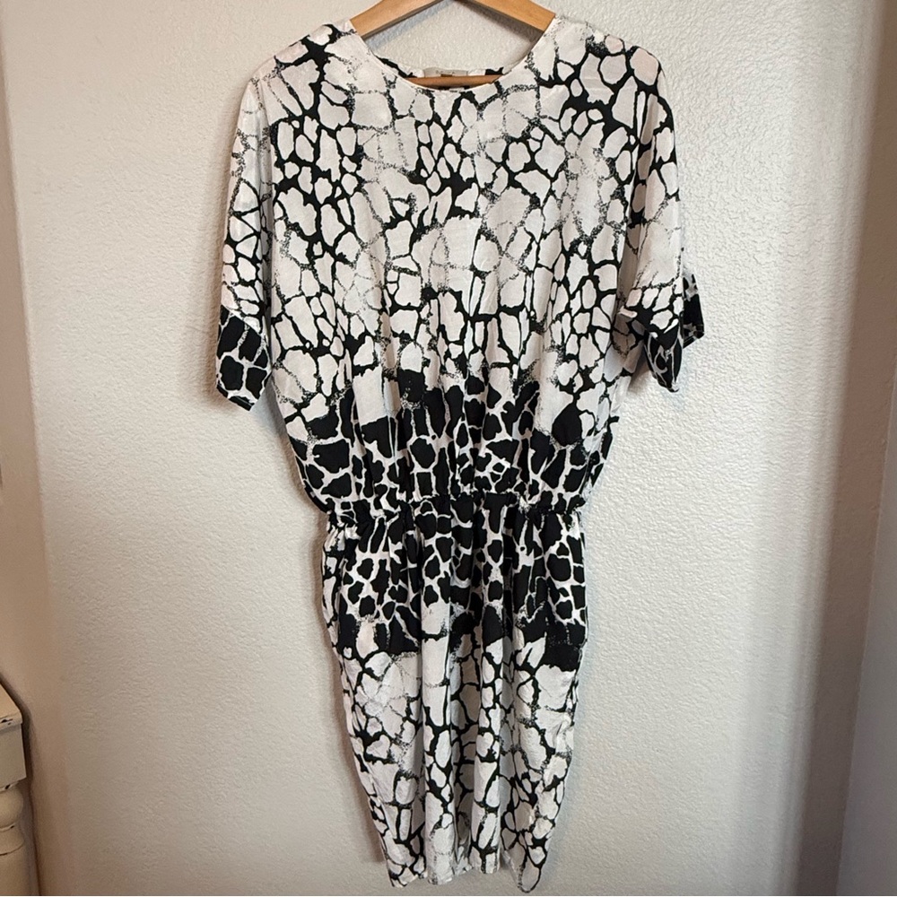 Black & White Printed Midi Dress with Elastic Waist